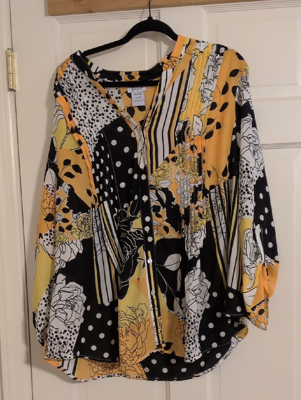 Monroe & Main Yellow, Black & White Floral Patchwork Blouse